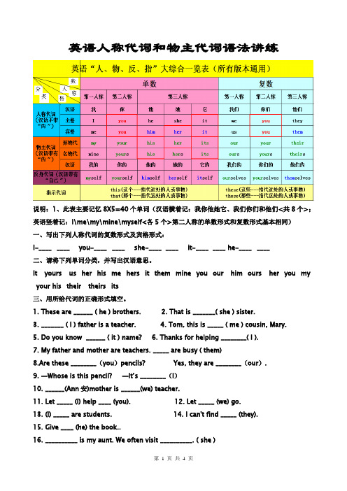 (完整)七年级上册英语人称代词和物主代词练习题