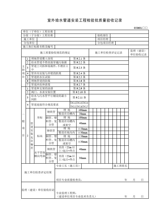 室外给水管道安装工程检验批质量验收记录