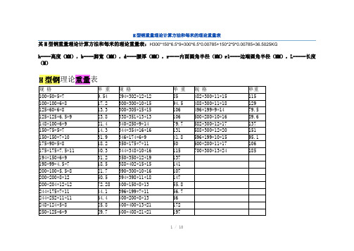 H型钢重量理论计算方法和每米的理论重量表Word版