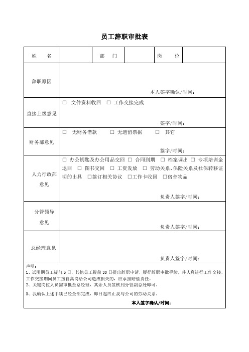 员工辞职审批表