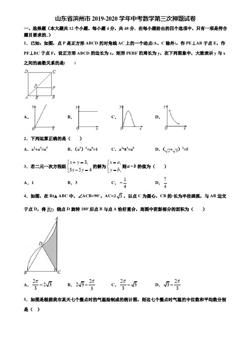 山东省滨州市2019-2020学年中考数学第三次押题试卷含解析