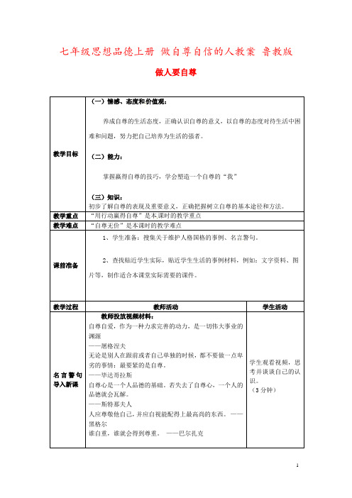 七年级思想品德上册 做自尊自信的人教案 鲁教版