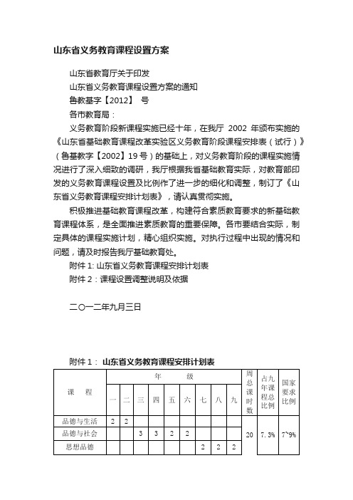 山东省义务教育课程设置方案