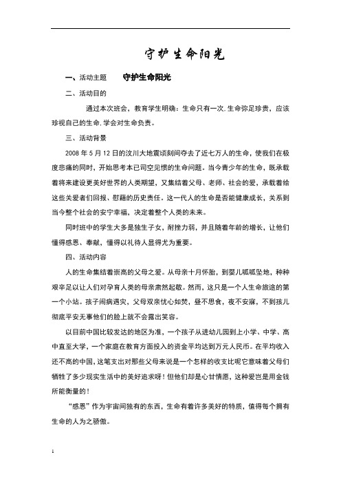 守护生命阳光 生命教育班会方案