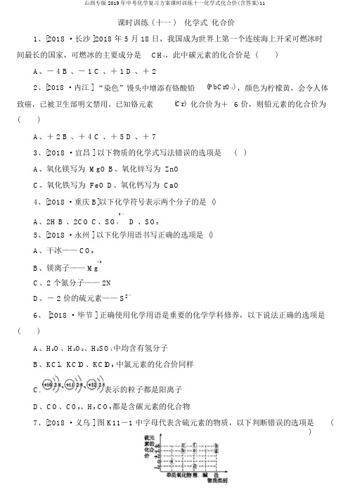 山西专版2019年中考化学复习方案课时训练十一化学式化合价(含答案)11
