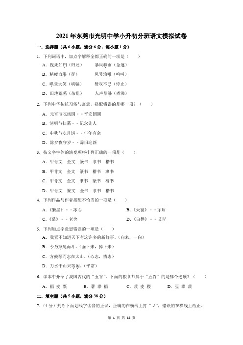 东莞市光明中学小升初分班语文模拟试卷及答案解析