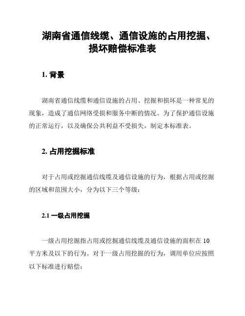 湖南省通信线缆、通信设施的占用挖掘、损坏赔偿标准表