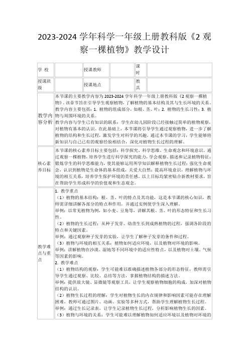 2023-2024学年科学一年级上册教科版《2观察一棵植物》教学设计