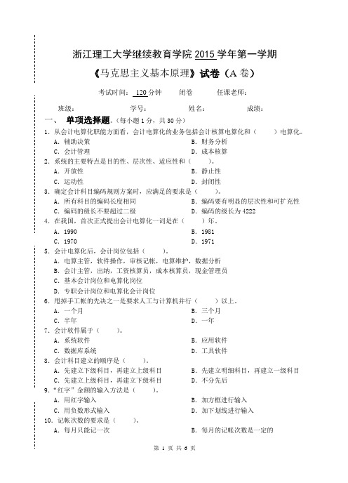 会计电算化   试卷A