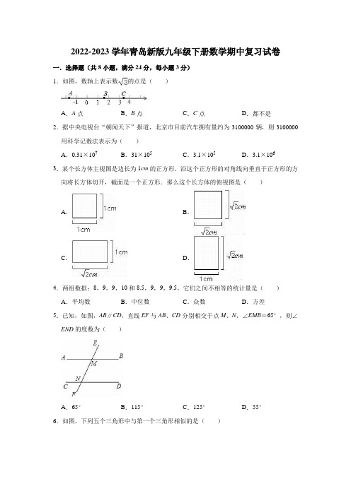 2022-2023学年青岛新版九年级下册数学期中复习试卷(有答案)