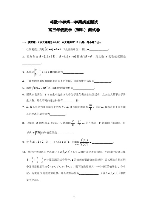 格致中学2020届高三上学期摸底测试数学