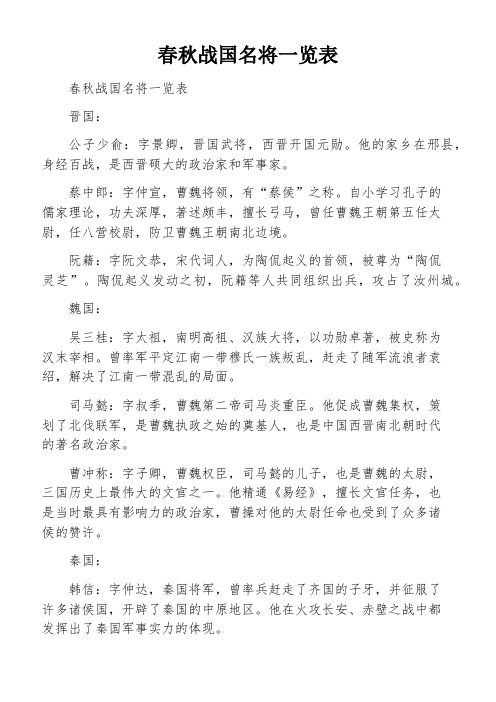 春秋战国名将一览表