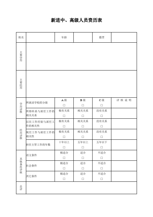 新进中、高级人员资历表