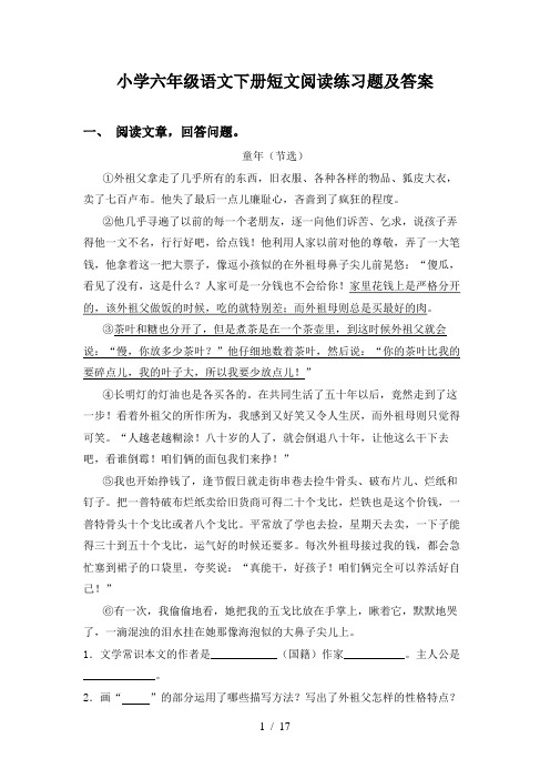 小学六年级语文下册短文阅读练习题及答案