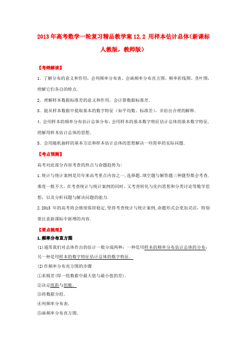 2013年高考数学一轮复习 12.2 用样本估计总体精品教学案(教师版)新人教版