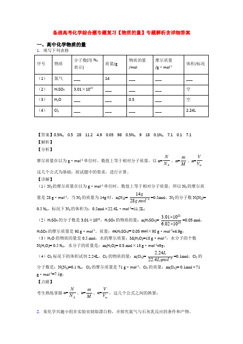 备战高考化学综合题专题复习【物质的量】专题解析含详细答案