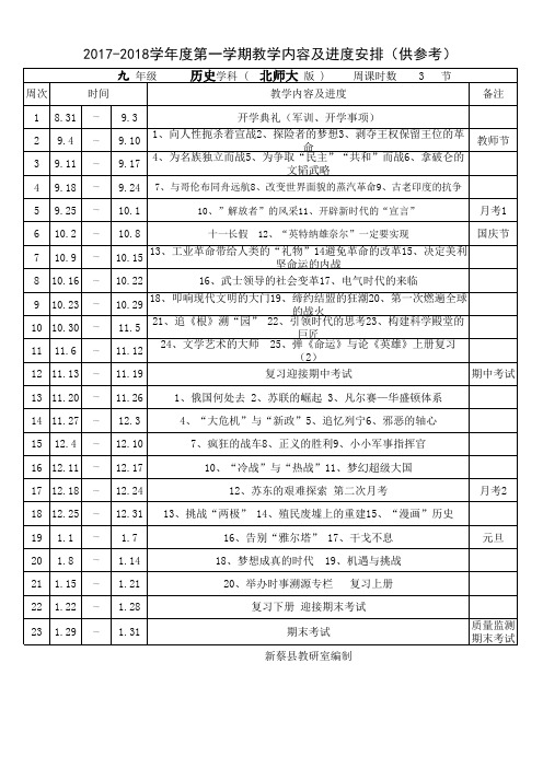 2017-2018学年度第一学期九年级历史教学进度