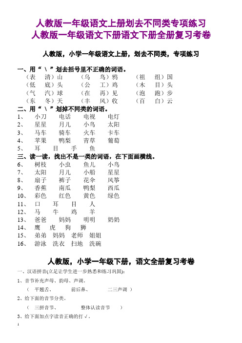 人教版一年级语文上册划去不同类专项练习,语文下册全册复习考卷