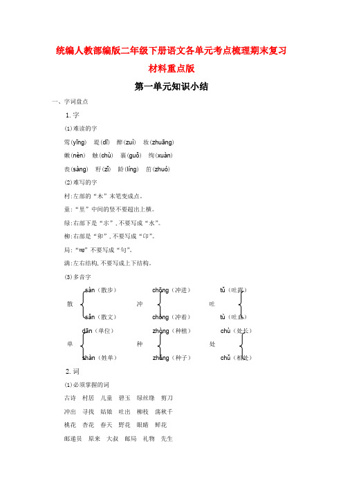 统编人教部编版二年级下册语文各单元考点梳理期末复习材料重点版