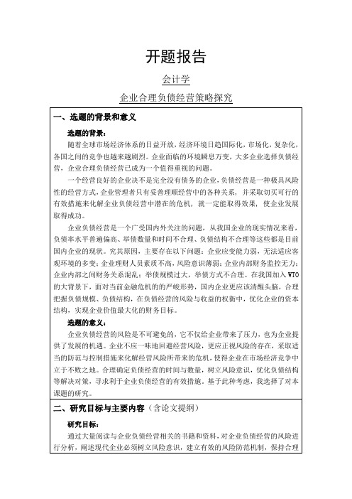 企业合理负债经营策略探究开题报告