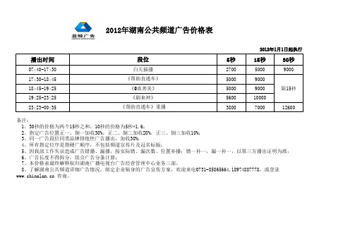 2012湖南公共频道广告价格表