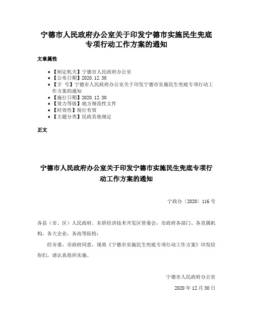 宁德市人民政府办公室关于印发宁德市实施民生兜底专项行动工作方案的通知