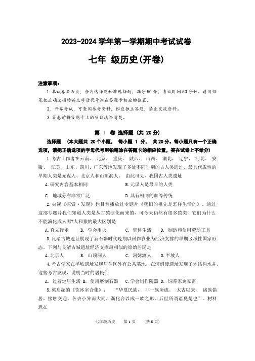 河南省濮阳市2023-2024学年七年级上学期11月期中历史试题