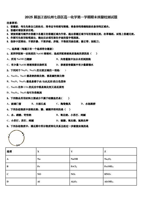 2025届浙江省杭州七县区高一化学第一学期期末质量检测试题含解析