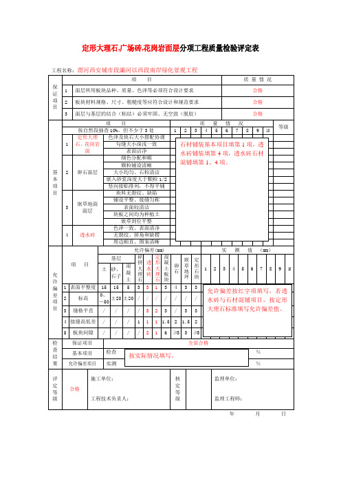 定形大理石、广场砖、花岗岩面层分项工程质量检验评定表样表