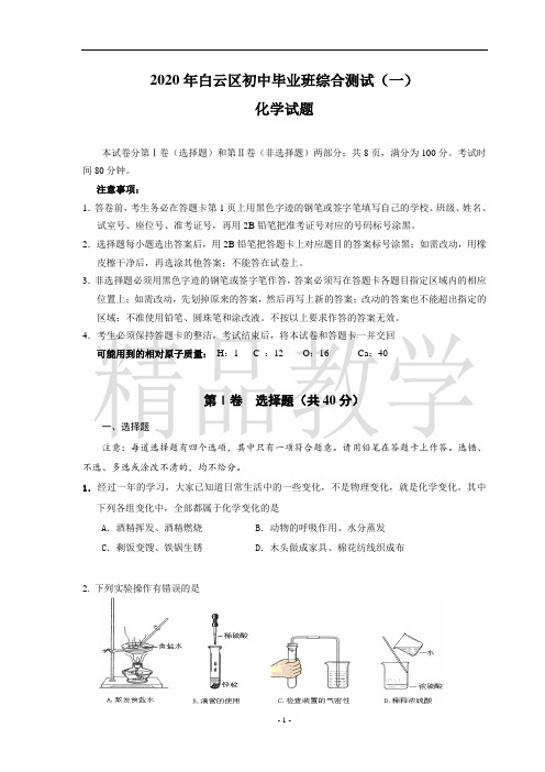 2020白云区九年级化学一模考