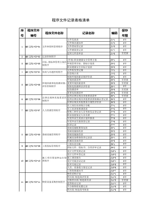 程序文件记录表格