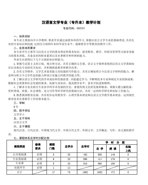 汉语言文学专业(专升本)教学计划