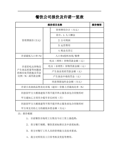 餐饮公司报价及承诺一览表