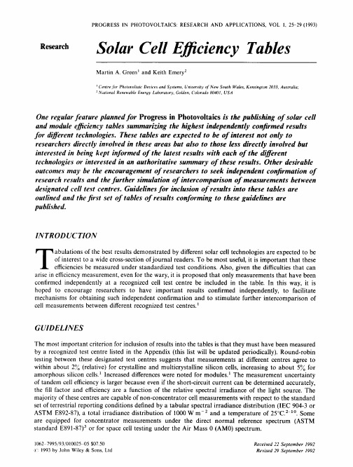 Solar cell efficiency tables (version 1)  太阳能电池效率总结1-1993年的世界纪录