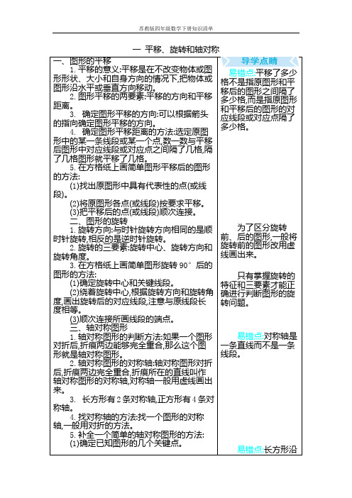 苏教版四年级数学下册知识点汇总清单