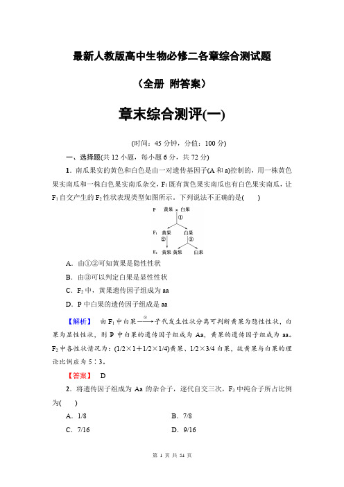 最新人教版高中生物必修二各章综合测试题(全册 附答案 共54页)