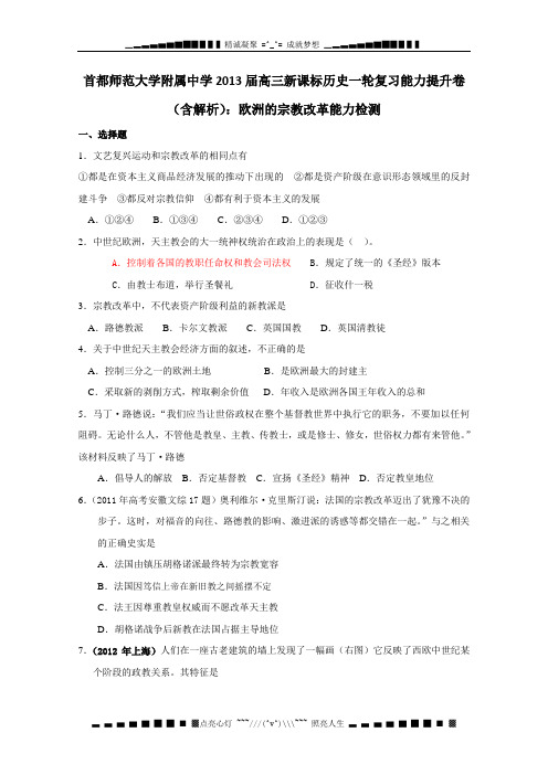 首都师范大学附属中学2013届高三新课标历史一轮复习能力提升卷(含解析)：欧洲的宗教改革能力检测