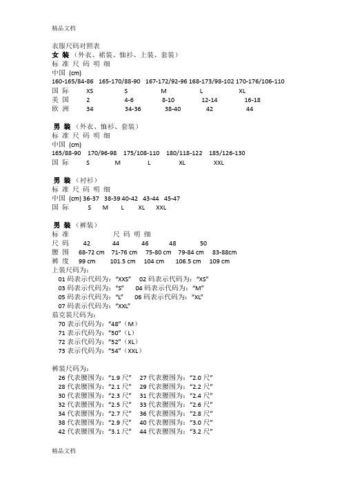 (整理)衣服尺码对照表