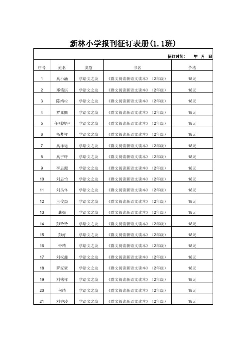 一年级一班报刊登记表