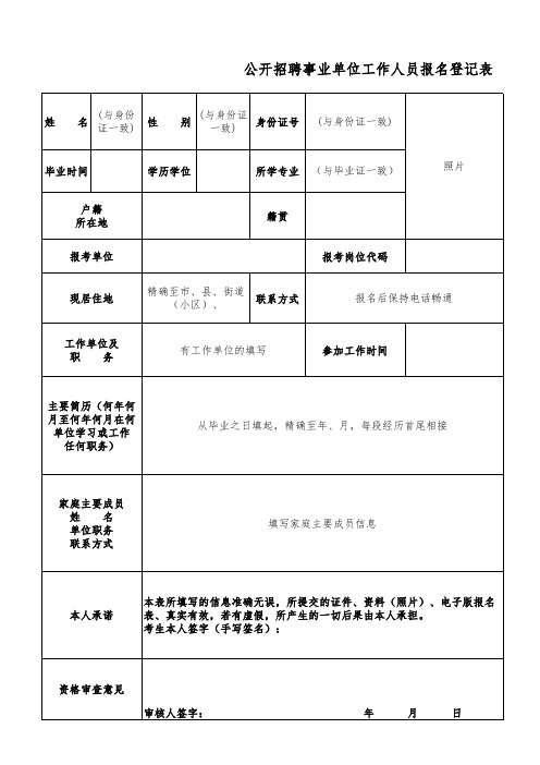 公开招聘事业单位工作人员报名登记表