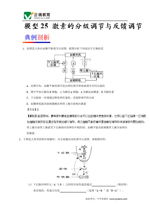 2019届高考生物人教版一轮复习模型解题法试题：模型25 激素的分级调节与反馈调节