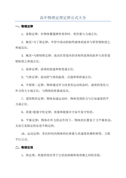 高中物理定理定律公式大全