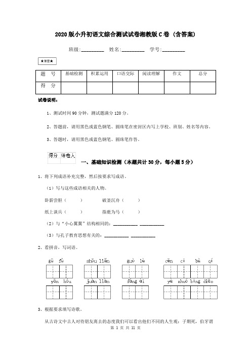 2020版小升初语文综合测试试卷湘教版C卷 (含答案)