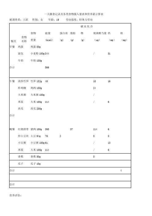 一天膳食记录及各类食物摄入量表和营养素计算表