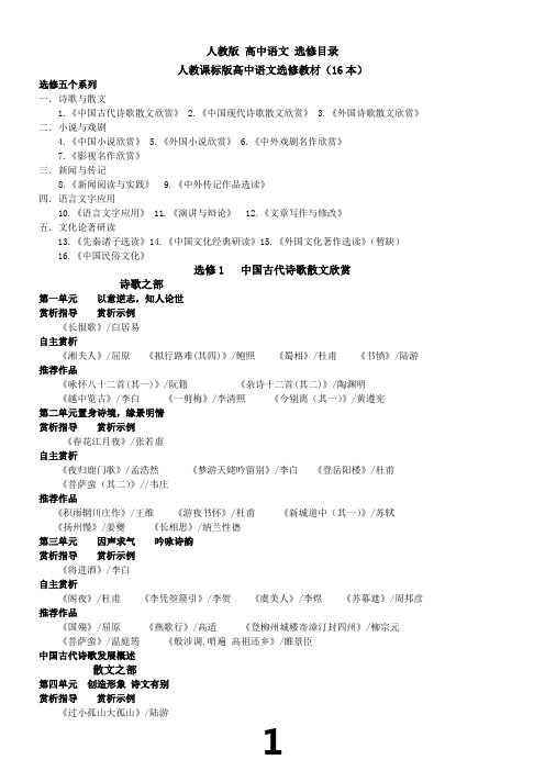 人教版高中语文选修教材目录整理