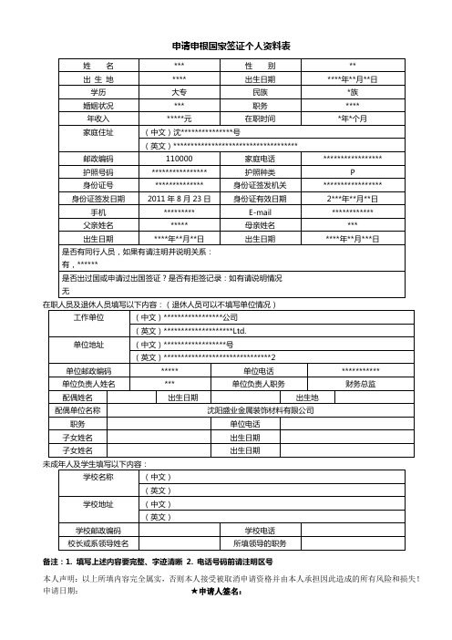 申请申根国家签证个人表