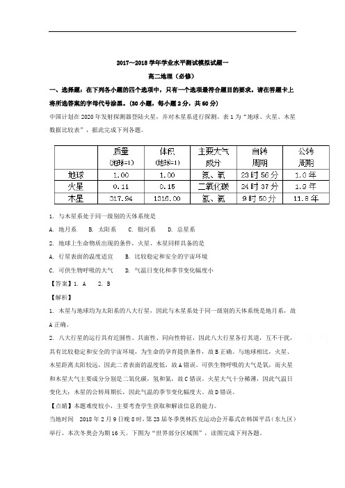 (解析版)江苏省扬州市高二地理学业水平测试模拟试卷 