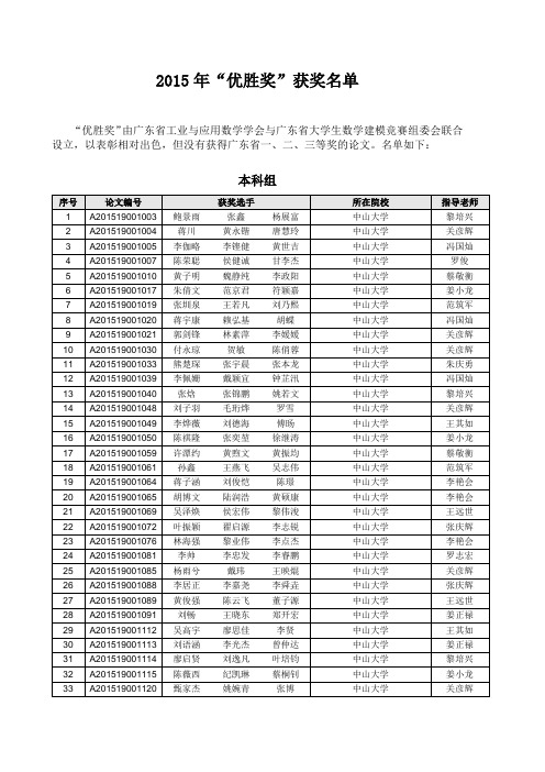 2014年广东大学生数学建模竞赛初评结果-华南师范大学