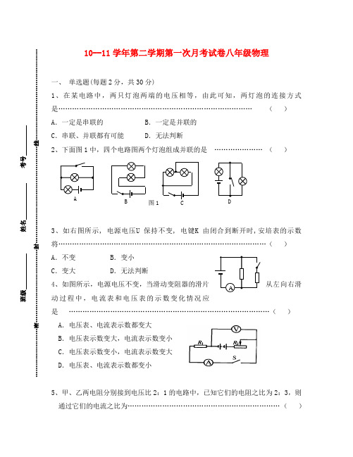 2020学年八年级物理第二学期第一次月考试卷 人教新课标