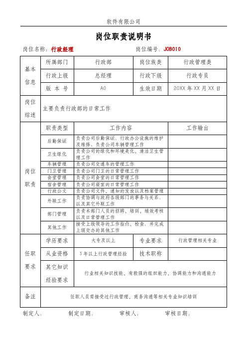 行政经理主管人事岗位职责说明书